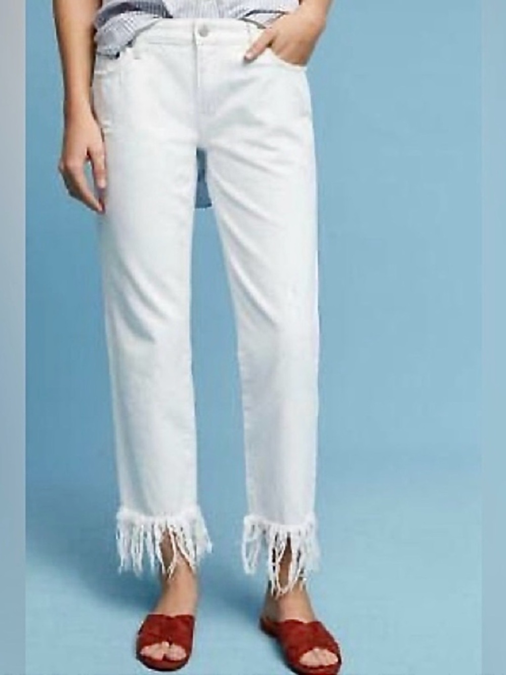 Pilcro and the Letterpress Anthropologie Hyphen White Fringe-Hem Jeans Sz 30